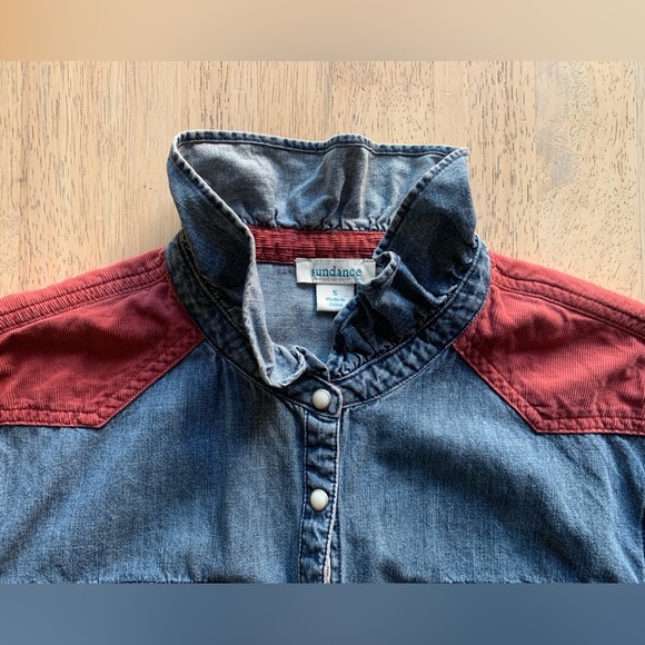 Sundance Women's Denim Button-Up Shirt with Red Accents and Ruffled Collar szS - Picture 5 of 8